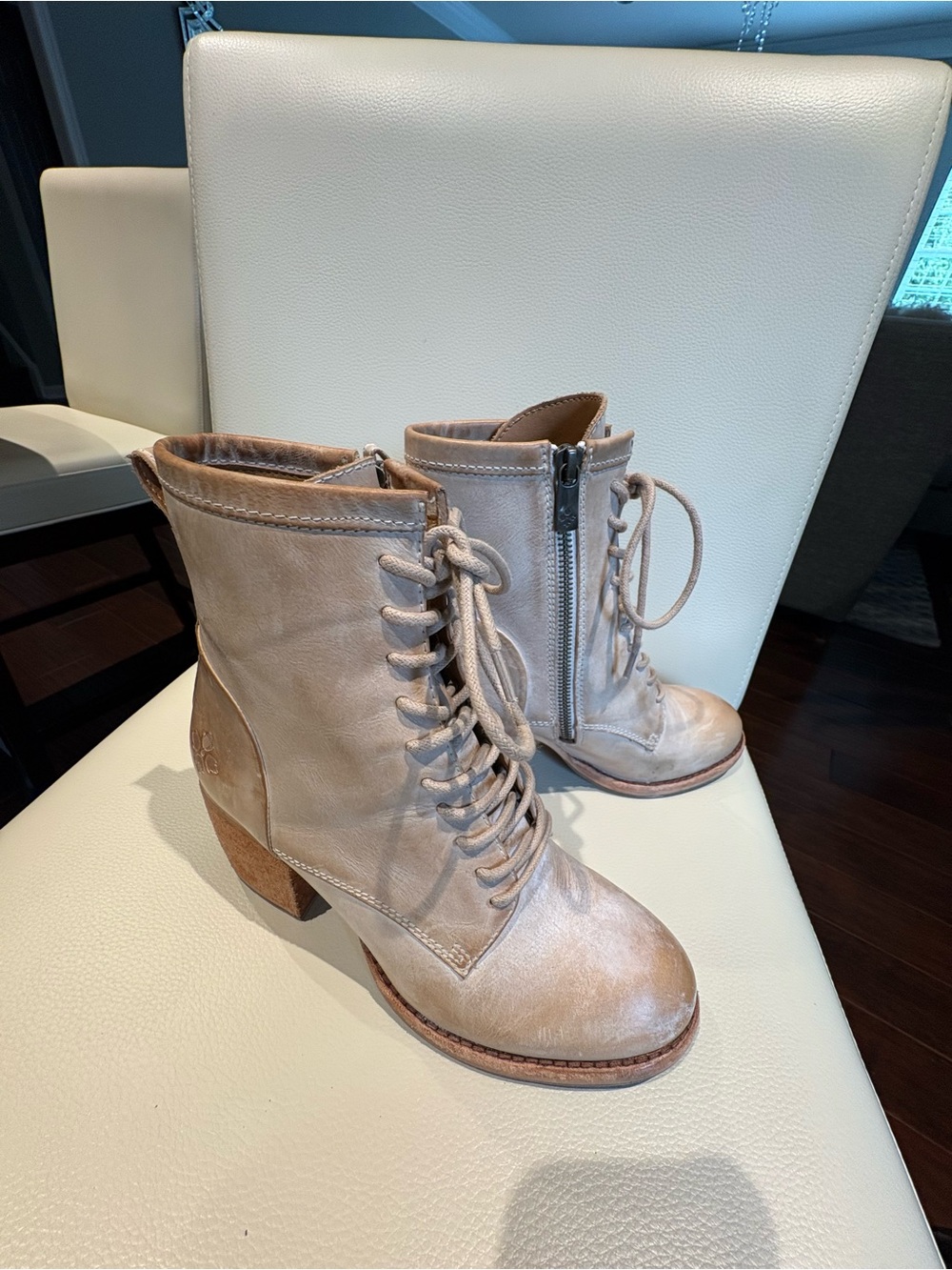 Patricia Nash Taupe Lace-Up Leather Ankle Boots with Stacked Heel
